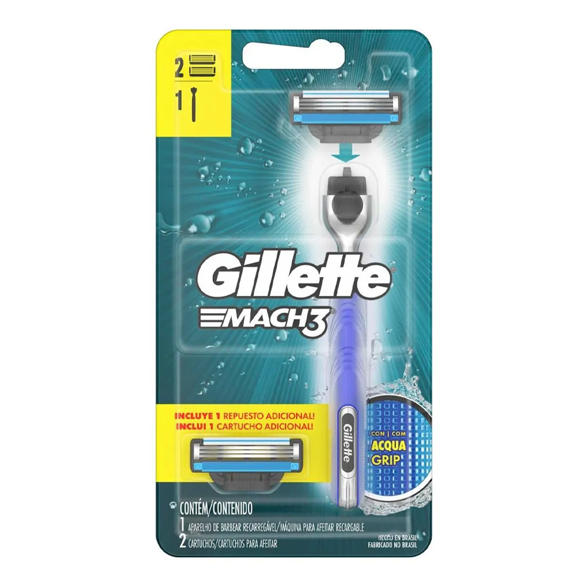 Aparelho De Barbear Gillette Mach3 Aqua-Grip Regular + 2 Cargas