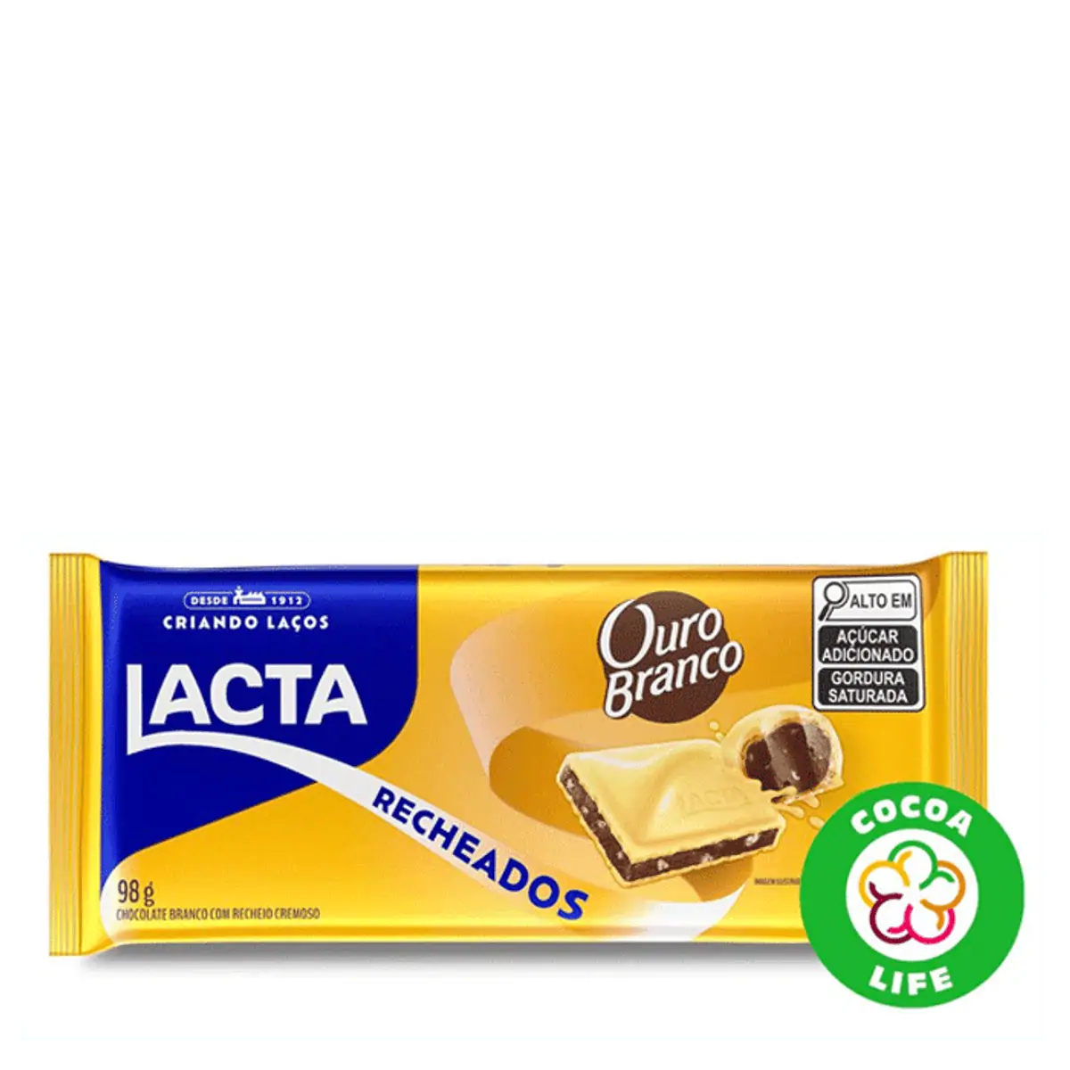 Barra de Chocolate Lacta Recheados Branco Recheio Ouro Branco 98g