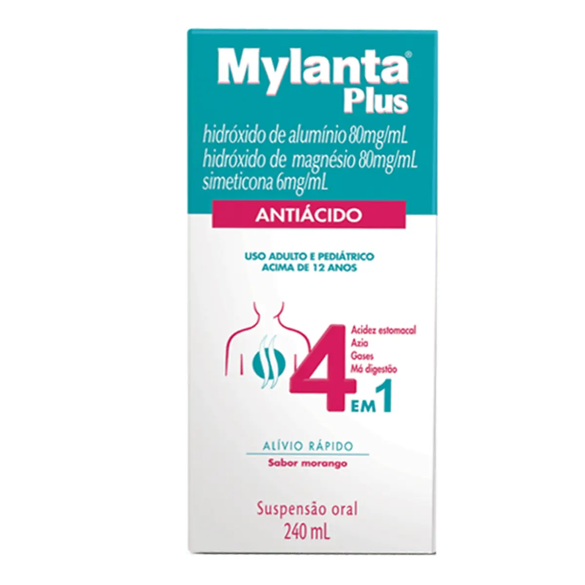 Antiácido Mylanta Plus 80mg/ml + 80mg/ml + 6mg/ml 240ml Morango