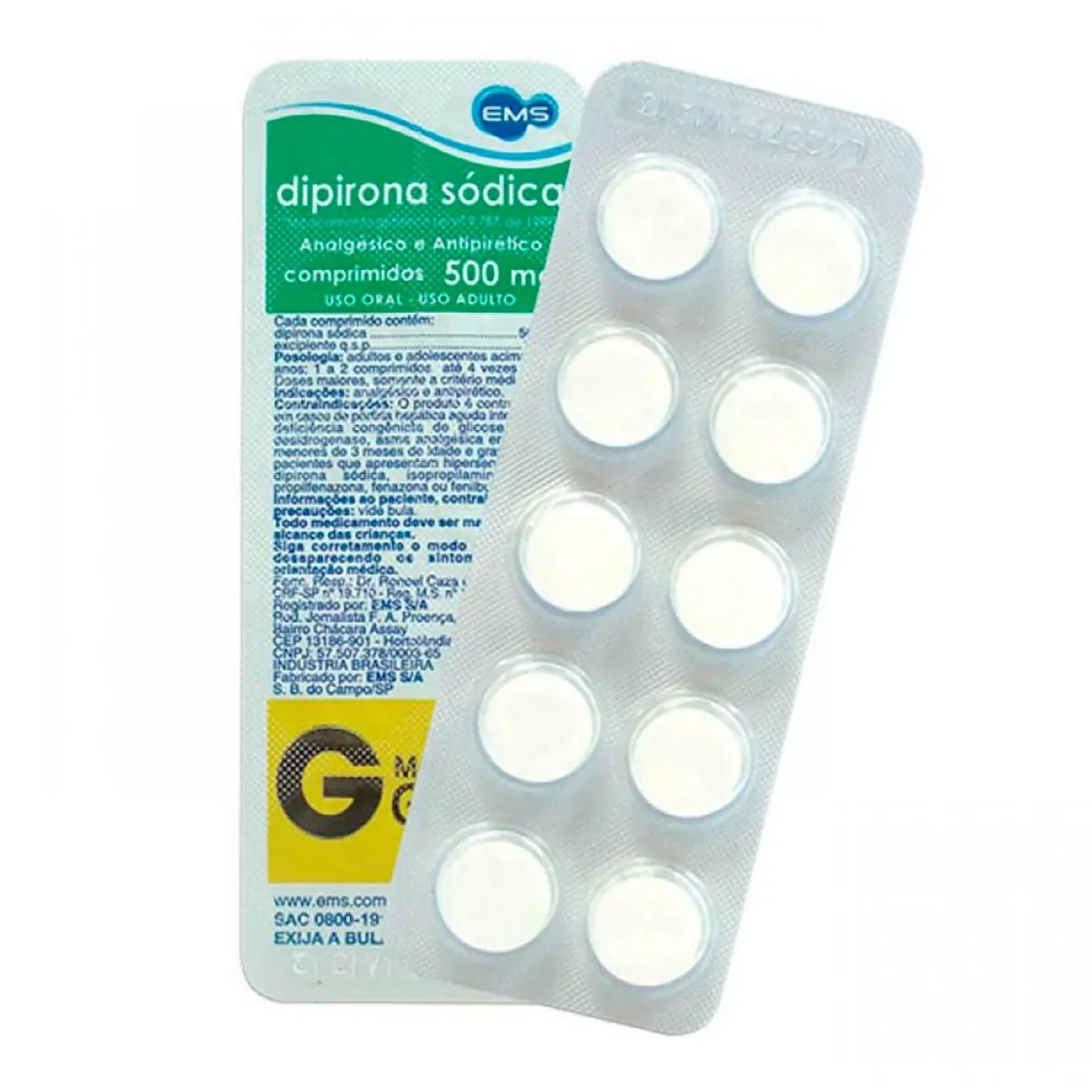 Analgésico e Antitérmico Dipirona Sódica 500mg Genérico EMS 10 Comprimidos