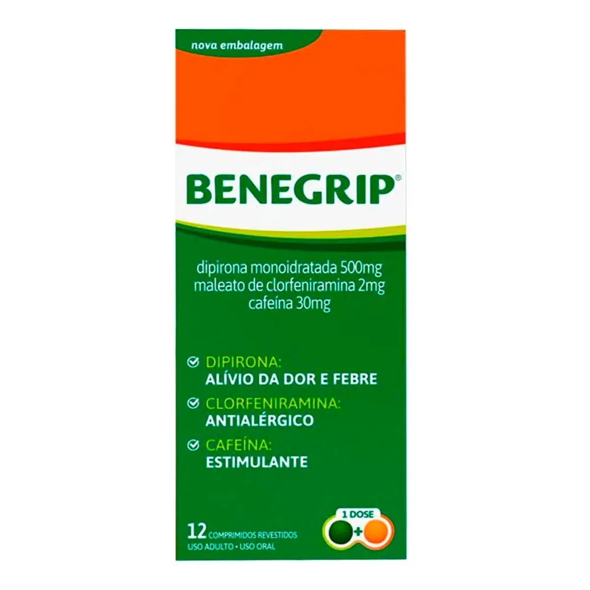 Antigripal, Analgésico, Antitérmico e Antialérgico Benegrip 500mg + 30mg + 2mg 12 Comprimidos Revest