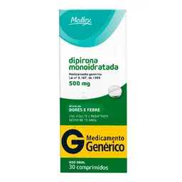 Analgésico e Antitérmico Dipirona Sódica Monoidratada 500mg Genérico Medley 30 Comprimidos