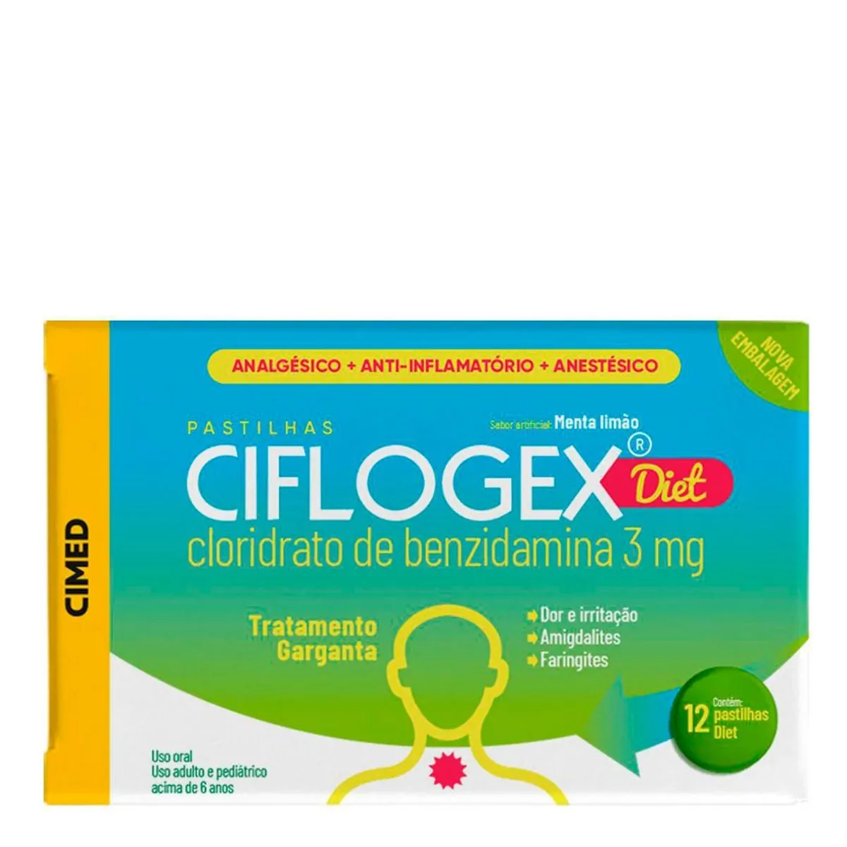Analgésico, Anestésico e Anti-Inflamatório Ciflogex 3mg 12 Pastilhas Menta-Limão