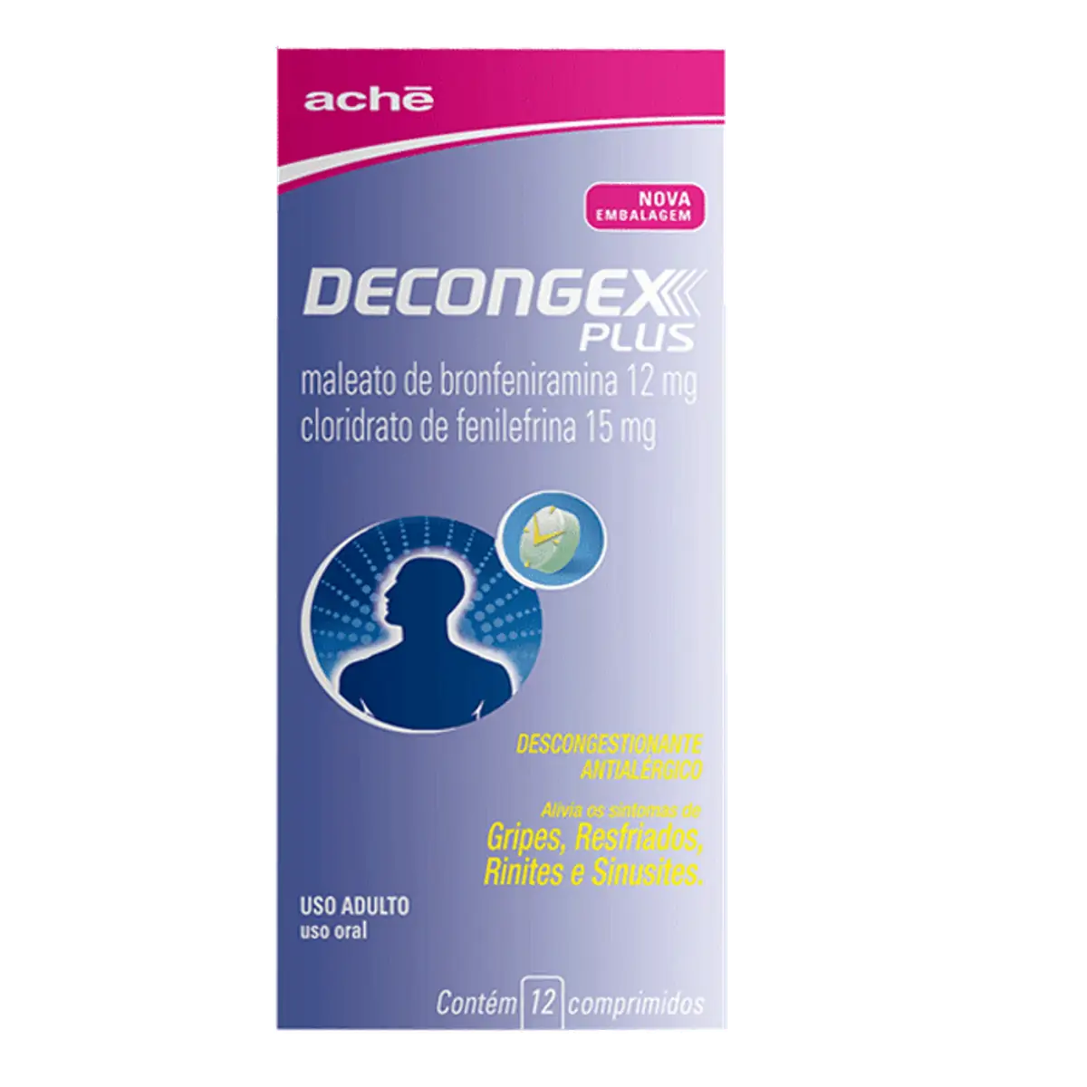 Descongestionante, Antialérgico e Antigripal Decongex Plus 12mg + 15mg 12 Comprimidos