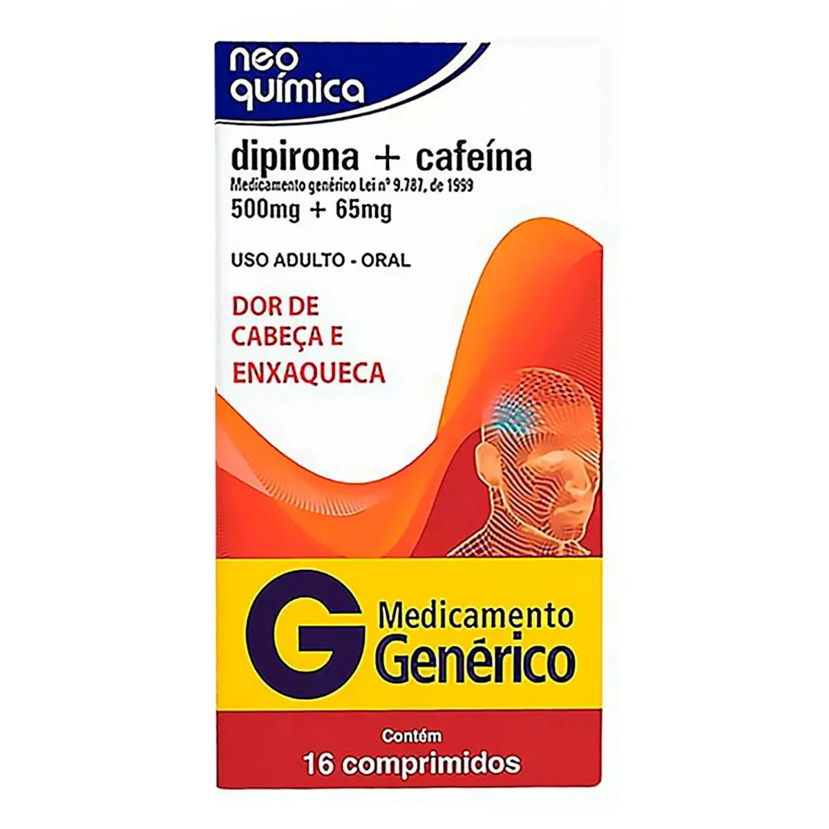 Analgésico e Antitérmico Dipirona Sódica 500mg + Cafeina 65mg Genérico Neo Química 16 Comprimidos