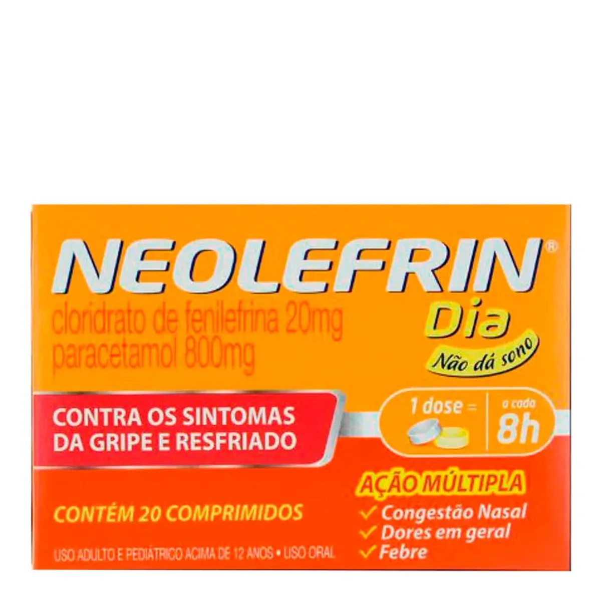 Antigripal, Descongestionante, Analgésico e Antitérmico Neolefrin Dia 800mg + 20mg 20 Comprimidos