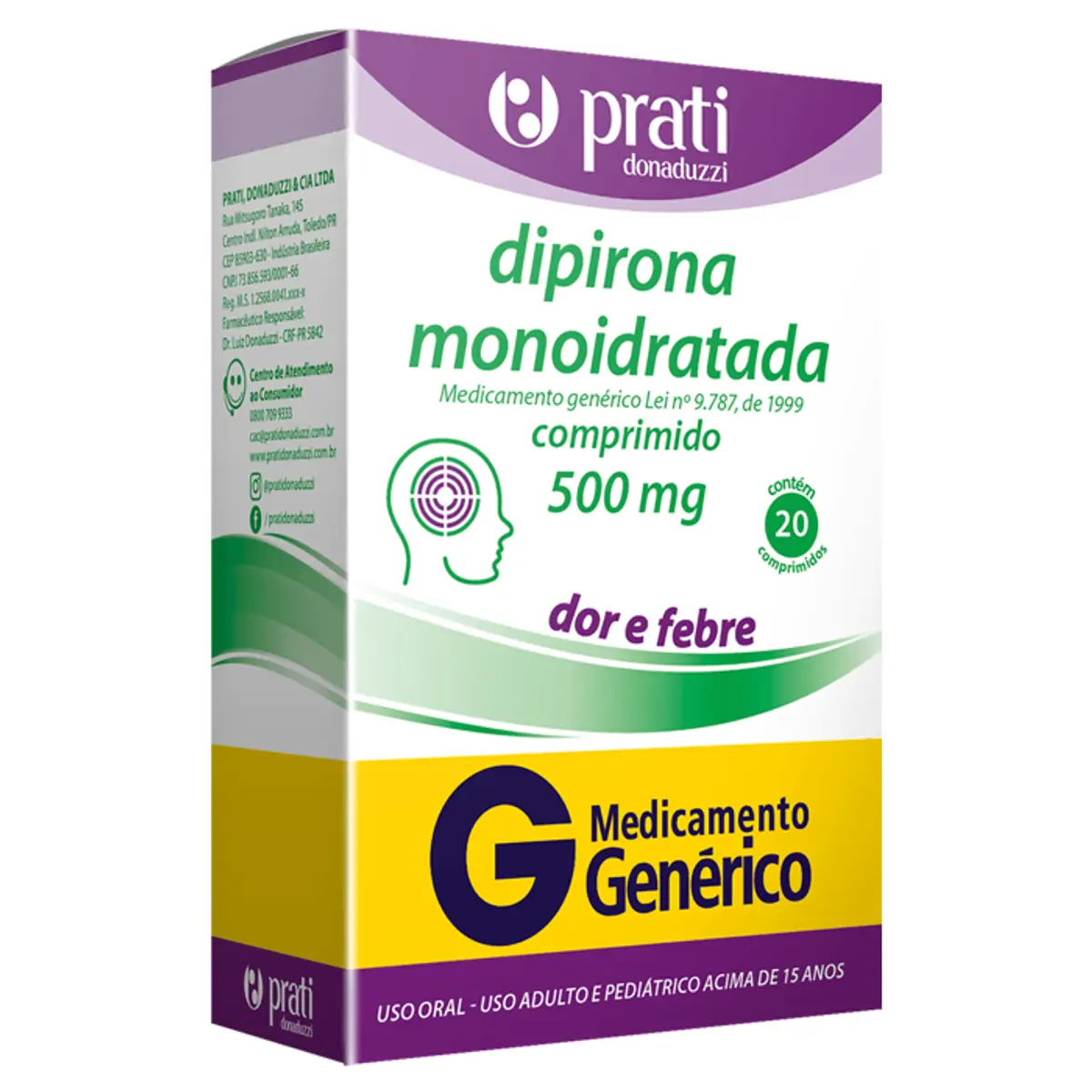 Analgésico e Antitérmico Dipirona Monoidratada 500mg Genérico Prati Donaduzzi 20 Comprimidos