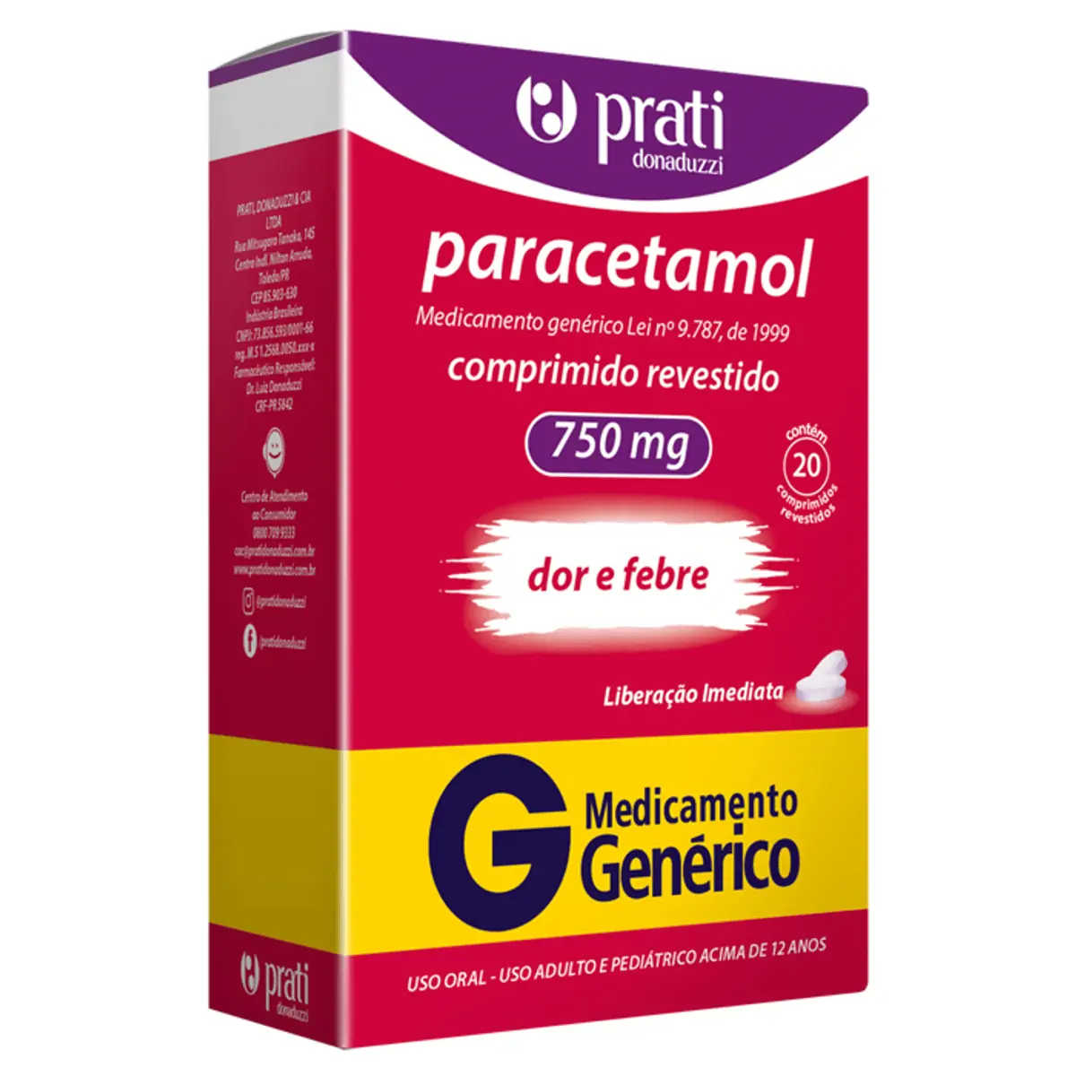 Analgésico e Antitérmico Paracetamol 750mg Genérico Prati-Donaduzzi 20 Comprimidos