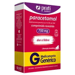 Analgésico e Antitérmico Paracetamol 750mg Genérico Prati-Donaduzzi 20 Comprimidos